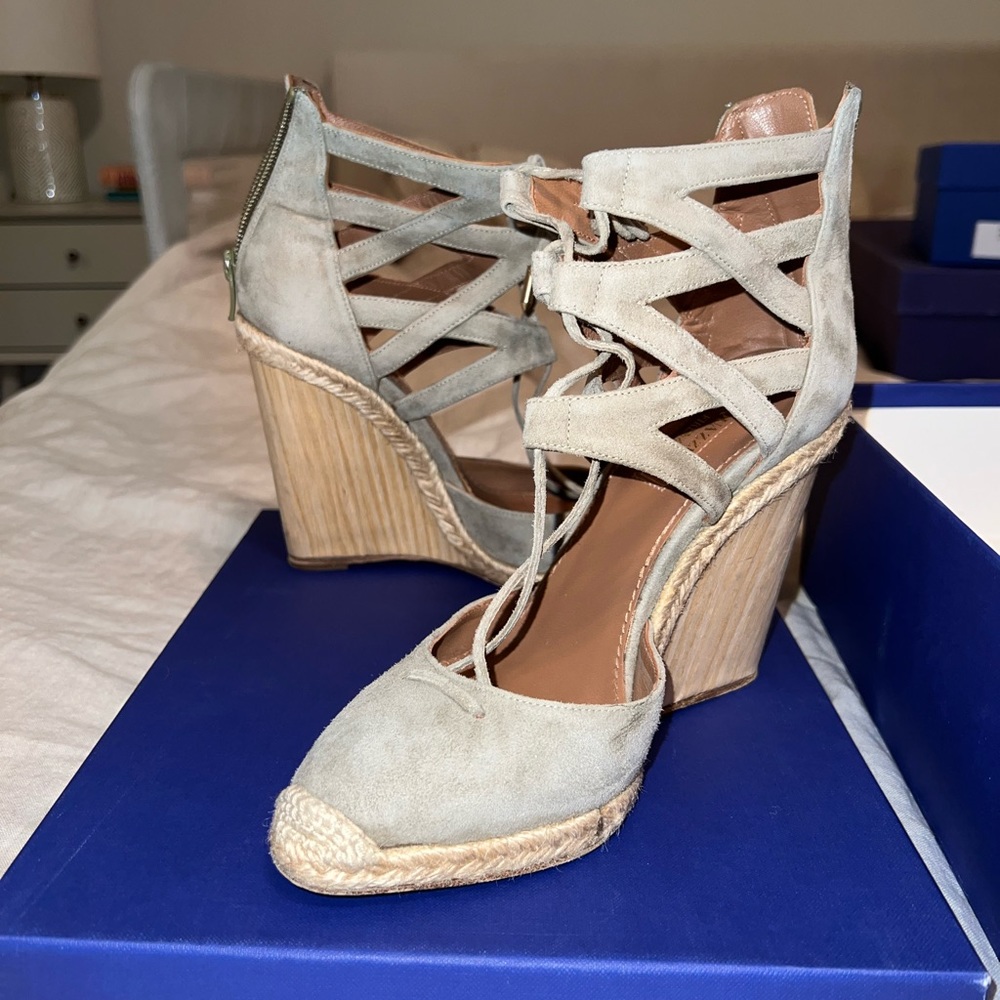 Aquazzura Belgravia Khaki Green Suede Wedge Size 37 with box